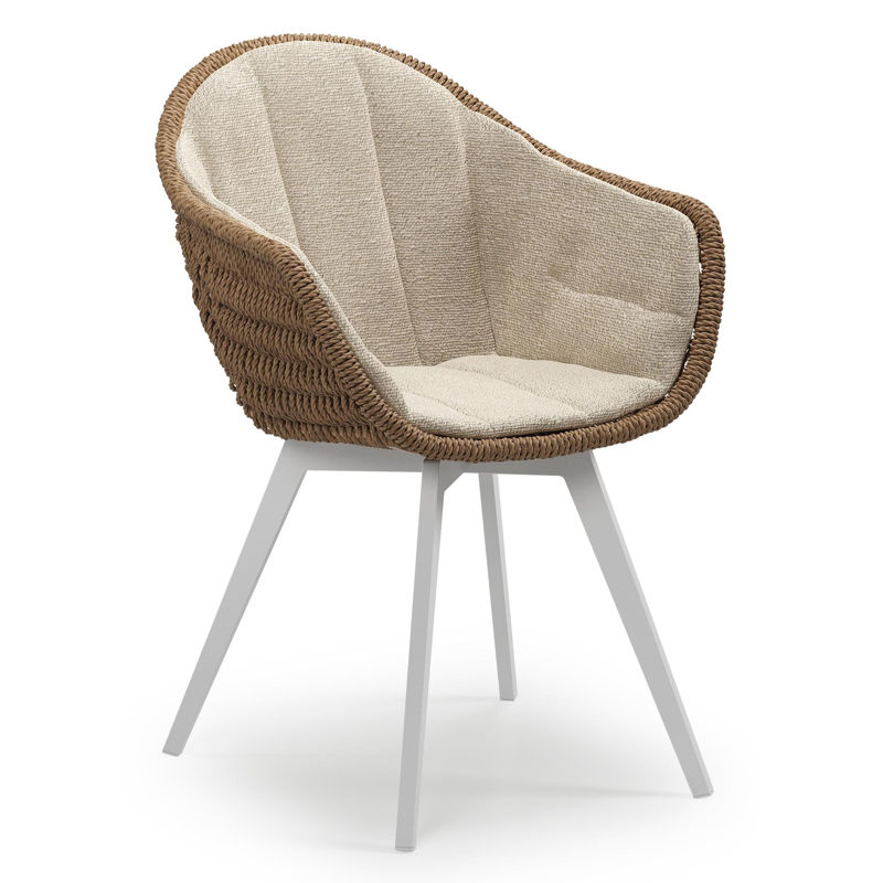 Pagino tuinstoel in wit aluminium en bruin ronde wicker met zitkussen in All Weather Cosytica Marbella Sand