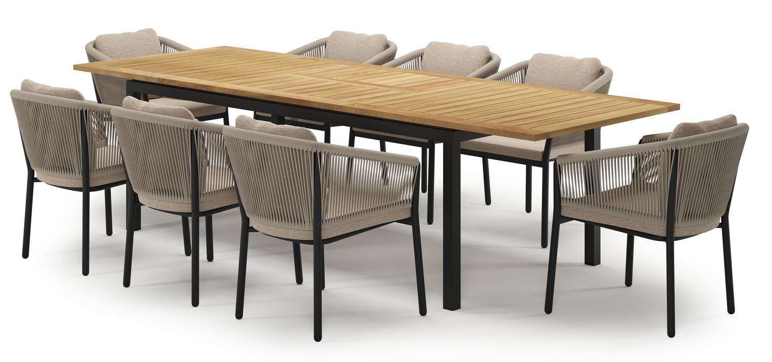 Amalfi uitschuifbare tuinset in zwart aluminium en teak met 8 Gerona tuinstoelen