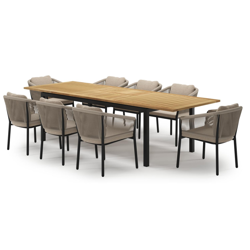 Amalfi uitschuifbare tuinset in zwart aluminium en teak met 8 Gerona tuinstoelen