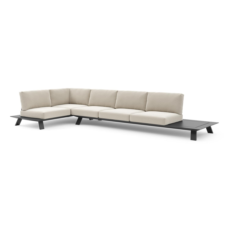 Salon de jardin d'angle Cesano en aluminium noir et coussin en all weather Sunbrella® luxe lopi marble