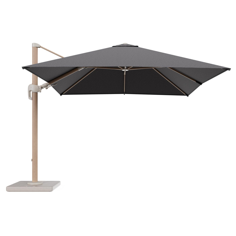 Parasol pendant Rufina avec fonction tilt en aluminium aspect de bois et toile de parasol en All Weather Solica Firenze Tunder - Lg.1 300 x Lg.2 300 cm avec pied de parasol Lapido 120 kg