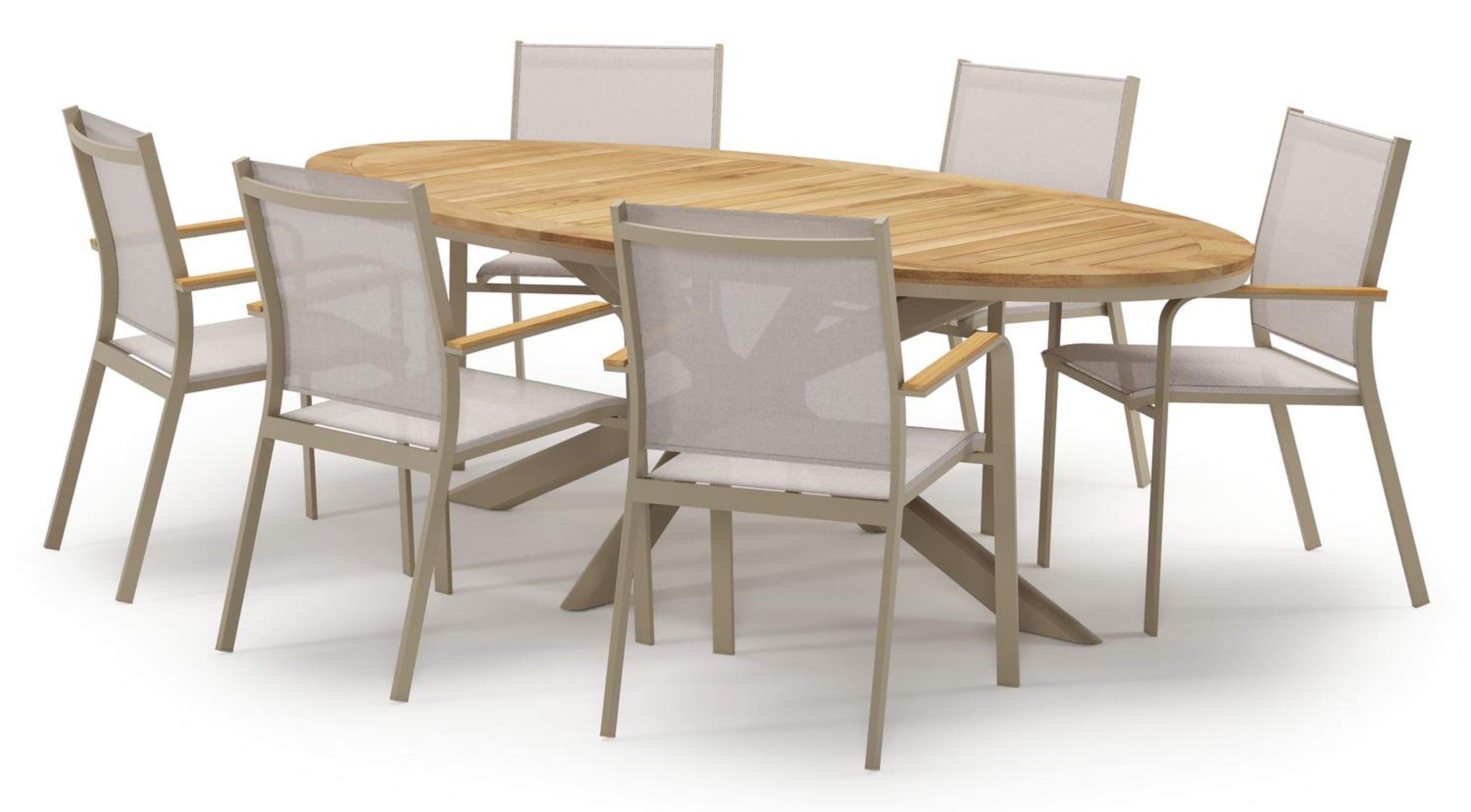 Ensemble de jardin Pamplona en aluminium beige et sintered stone natural finish avec 6 chaises de jardin empilable Amalfi