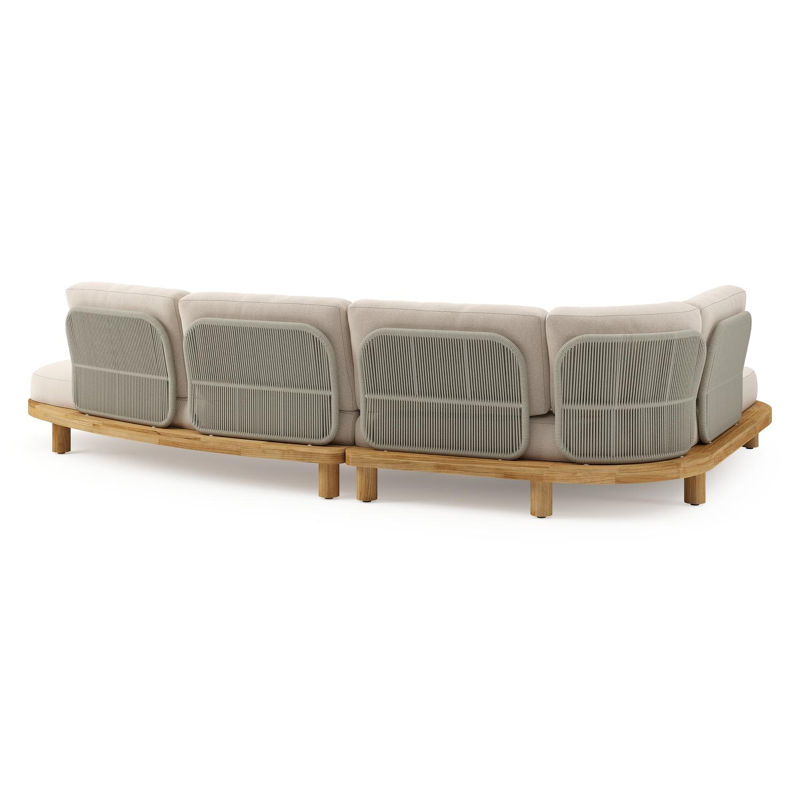 Salon de jardin d'angle Donato en teck et corde ronde tissée verticalement beige et coussins en all weather sunbrella® luxe Heritage Ash