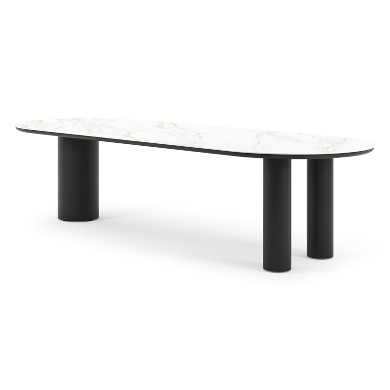 Table de jardin Organo oval en aluminium noir et céramique pleine Calacatta - Lg. 300 x Lrg. 110 x Haut. 74 cm