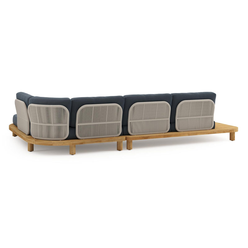 Donato loungehoek in teak en beige verticaal geweven ronde rope met All Weather Sunbrella® luxe Heritage Indigo kussen