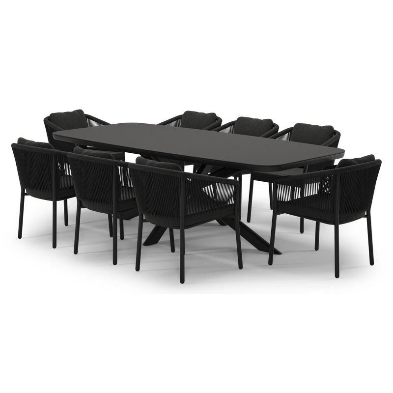 Ensemble de jardin Pamplona en aluminium noir et sintered stone notte minerale avec 8 chaises de jardin Gerona