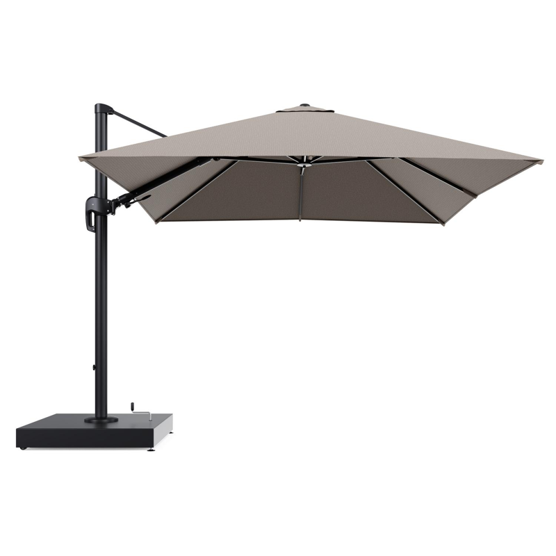 Rufina zweefparasol met tiltfunctie in zwart aluminium en Firenze Earth All Weather Solica parasoldoek - L1 300 x L2 300 cm met parasolvoet Minore 260 kg met wielen