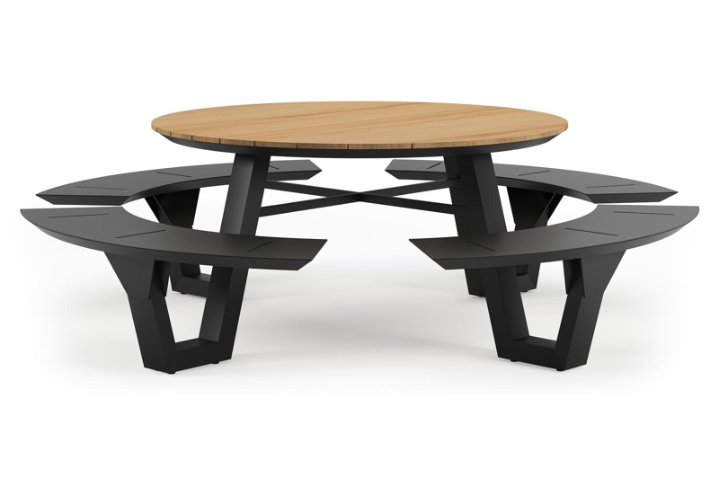 Rondino picknicktafel in zwart aluminium en teak tafelblad - Ø 236 x H 71,5 cm