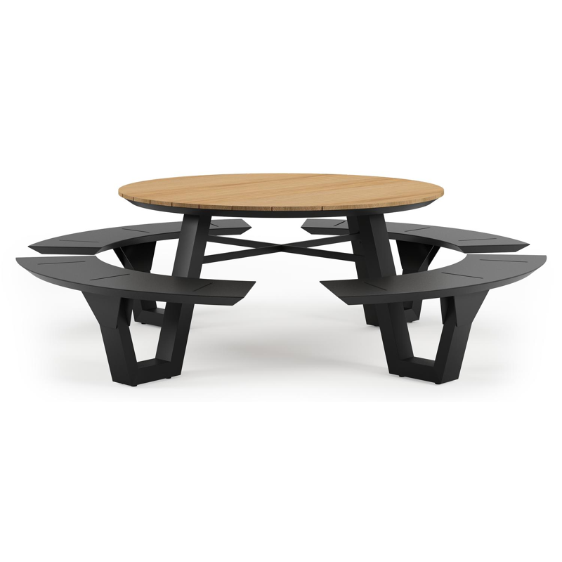 Table de pique-nique Rondino en aluminium noir et teck - Dia. 236 x H 71,5 cm