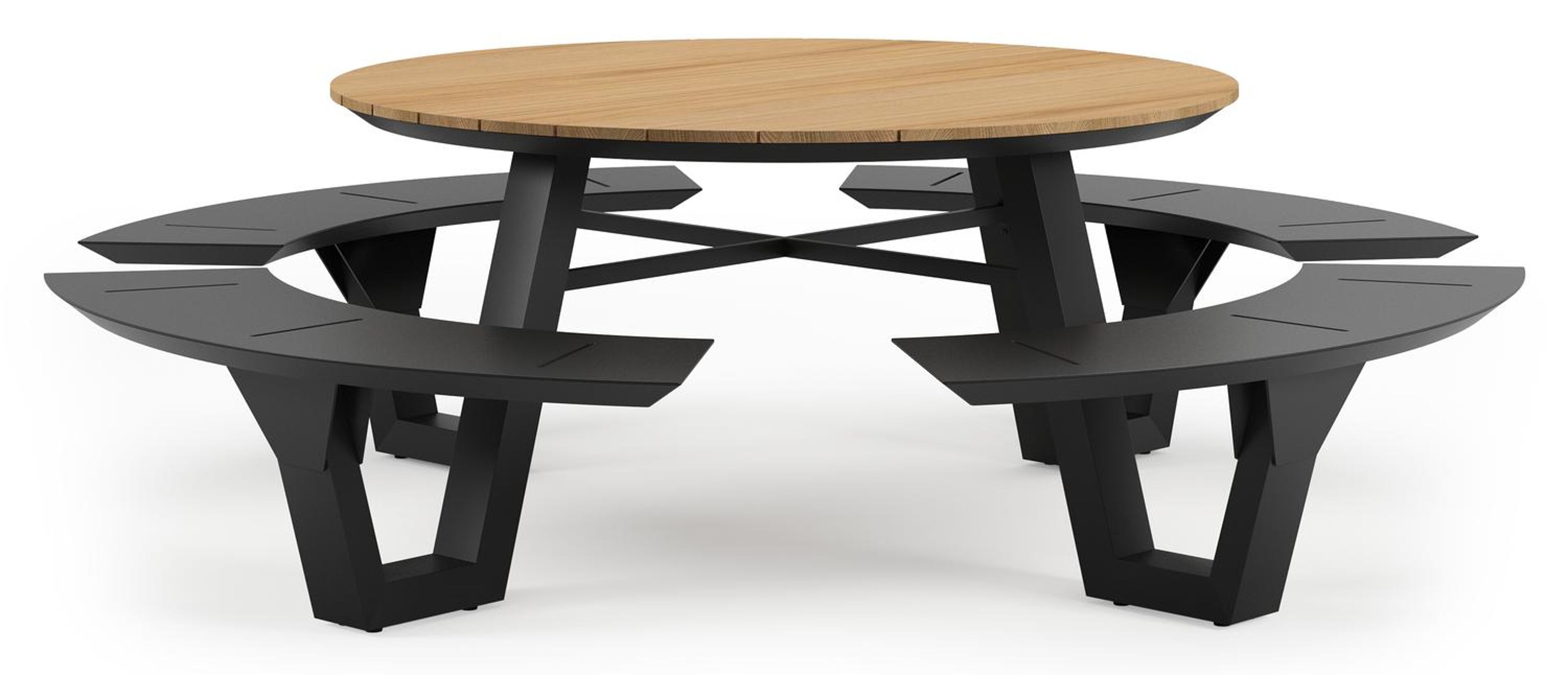Table de pique-nique Rondino en aluminium noir et teck - Dia. 236 x H 71,5 cm