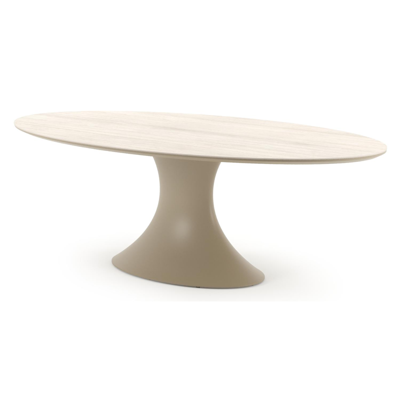 Table de jardin Fano ovale en aluminium beige et céramique pleine Travertino Bianco - Lg. 238 x Lrg. 135 x Haut. 75 cm