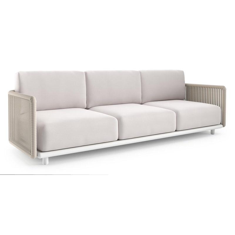 Organo loungebank in wit aluminium en beige verticaal geweven luxe vlakke rope met savane whisper all weather Sunbrella® luxe kussen