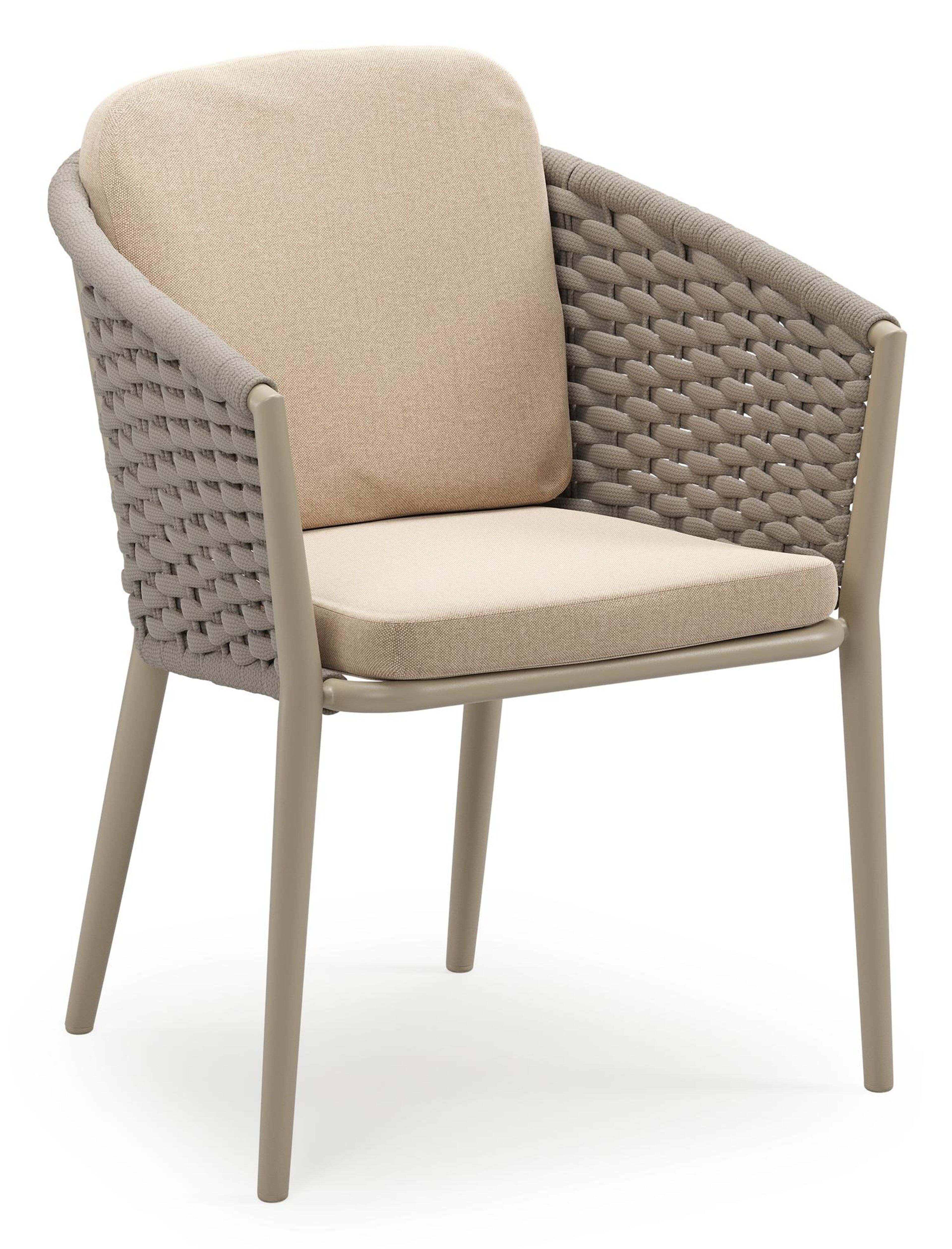 Orso stapelbare tuinstoel in beige aluminium en beige horizontaal geweven ronde rope met stoelkussen in All Weather Sunbrella® Luxe Natte Heather Beige