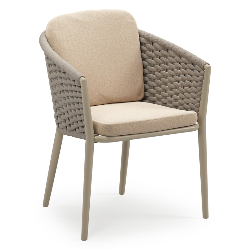 Chaise de jardin empilable Orso en aluminium beige et corde ronde tissée horizontalement beige avec coussin en All Weather Sunbrella® Luxe Natte Heather Beige