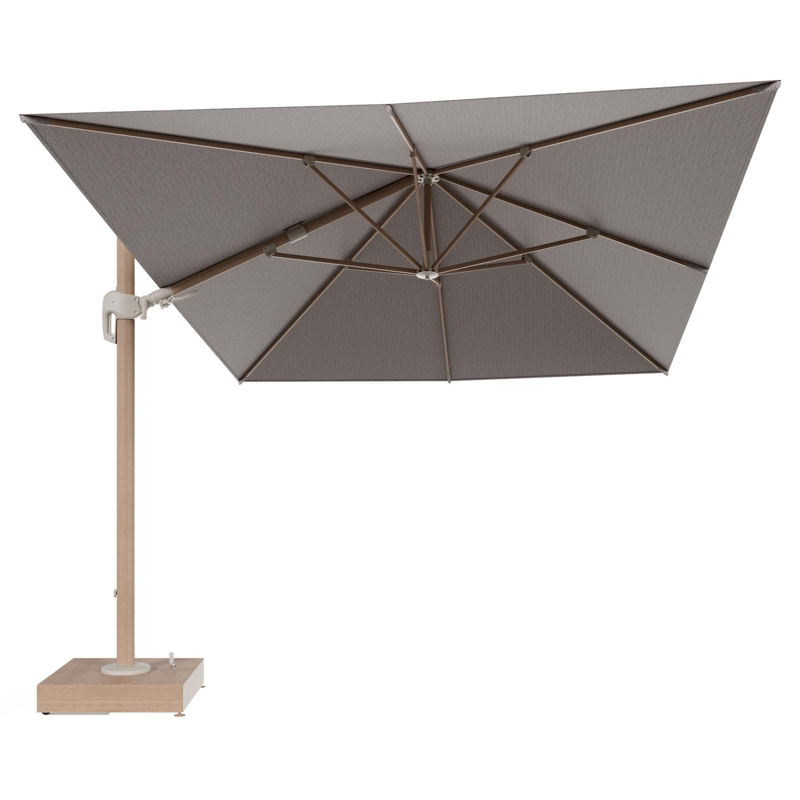 Parasol pendant Rufina tilt en aluminium aspect de bois et toile All Weather Sunbrella® Luxe Wander Granite - Lg.1 400 x Lg.2 300 cm avec pied de parasol Minore 150 kg avec roulettes
