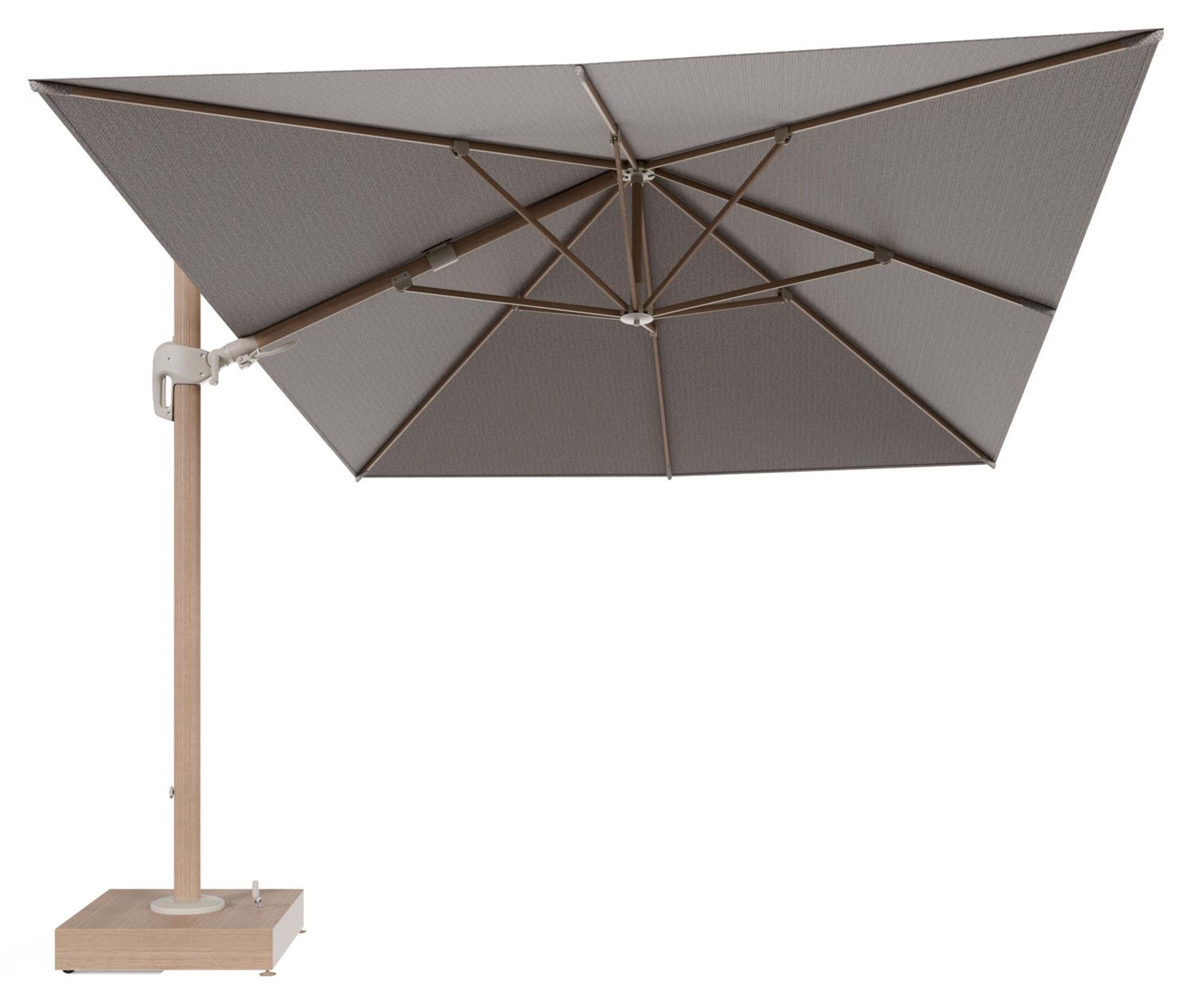 Parasol pendant Rufina tilt en aluminium aspect de bois et toile All Weather Sunbrella® Luxe Wander Granite - Lg.1 400 x Lg.2 300 cm avec pied de parasol Minore 150 kg avec roulettes