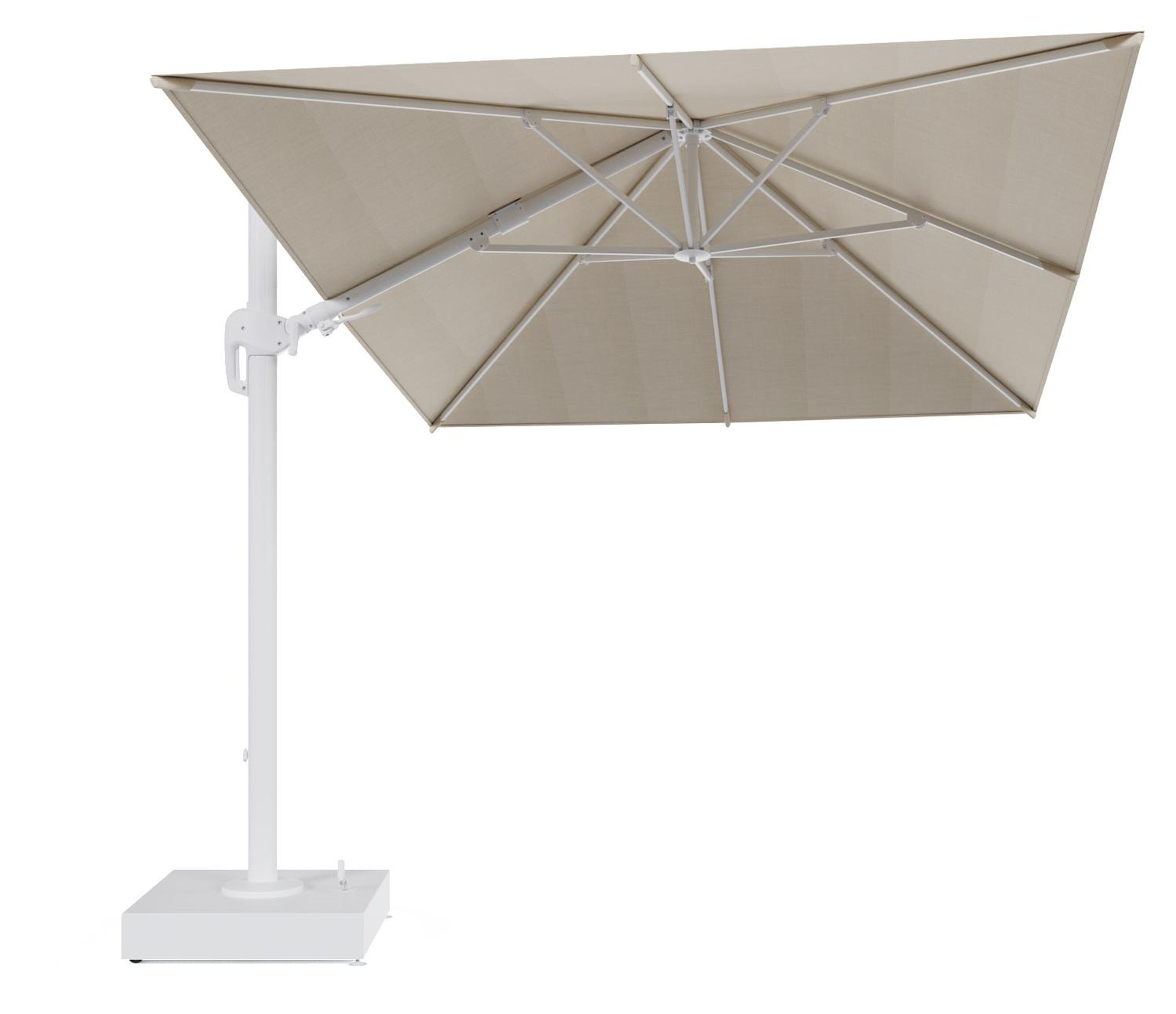 Rufina zweefparasol met tiltfunctie in wit aluminium en beige All Weather Sunbrella® Premium parasoldoek - L1 350 x L2 250 cm met parasolvoet Minore 150 kg met wielen
