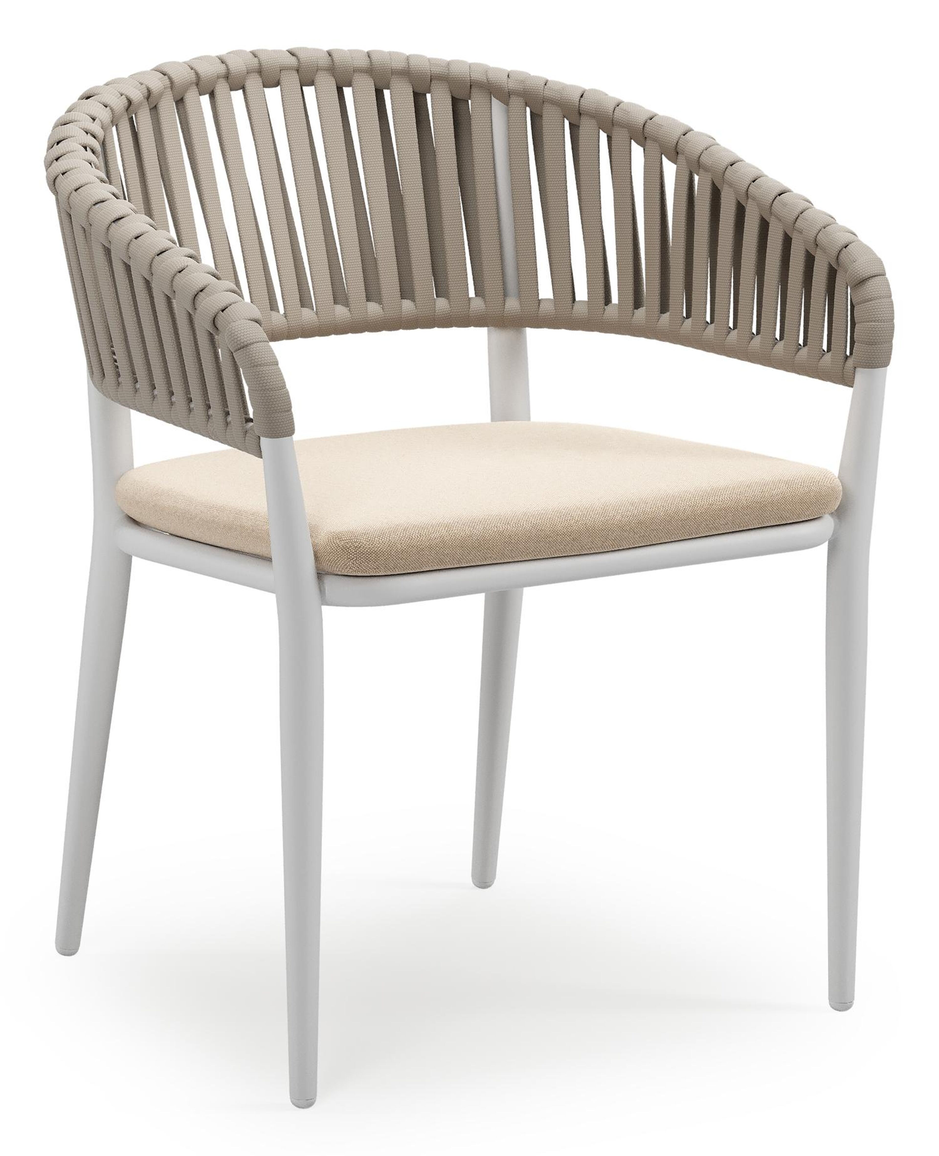 Tolfa stapelbare tuinstoel in wit aluminium en beige verticaal geweven luxe vlakke brede rope met stoelkussen in All Weather Sunbrella® Luxe Natte Heather Beige