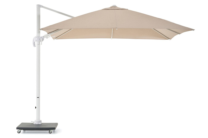 Avola zweefparasol met tiltfunctie in wit aluminium en natural Weather+ Softtouch parasoldoek - L1 300 x L2 300 cm met Avola parasolvoet 90 kg