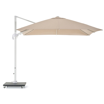 Avola zweefparasol met tiltfunctie in wit aluminium en natural Weather+ Softtouch parasoldoek - L1 300 x L2 300 cm met Avola parasolvoet 90 kg