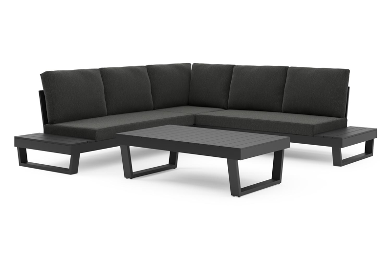 Modica loungehoek in zwart aluminium met rustic weather+ softtouch kussens en loungetafel