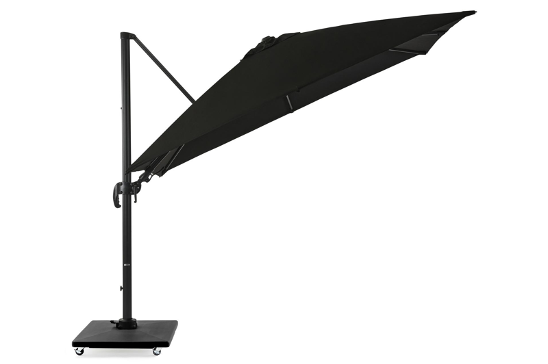 Avola zweefparasol met tiltfunctie in zwart aluminium met zwart sunbrella® premium parasoldoek - L1 300 x L2 300 cm (met voet)