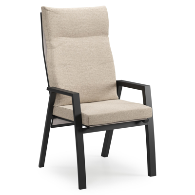 Leon tuinstoel in zwart aluminium en beige textilene met kussen in Rustic Weather+ Softtouch