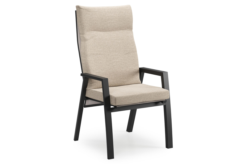 Leon tuinstoel in zwart aluminium en beige textilene met kussen in Rustic Weather+ Softtouch