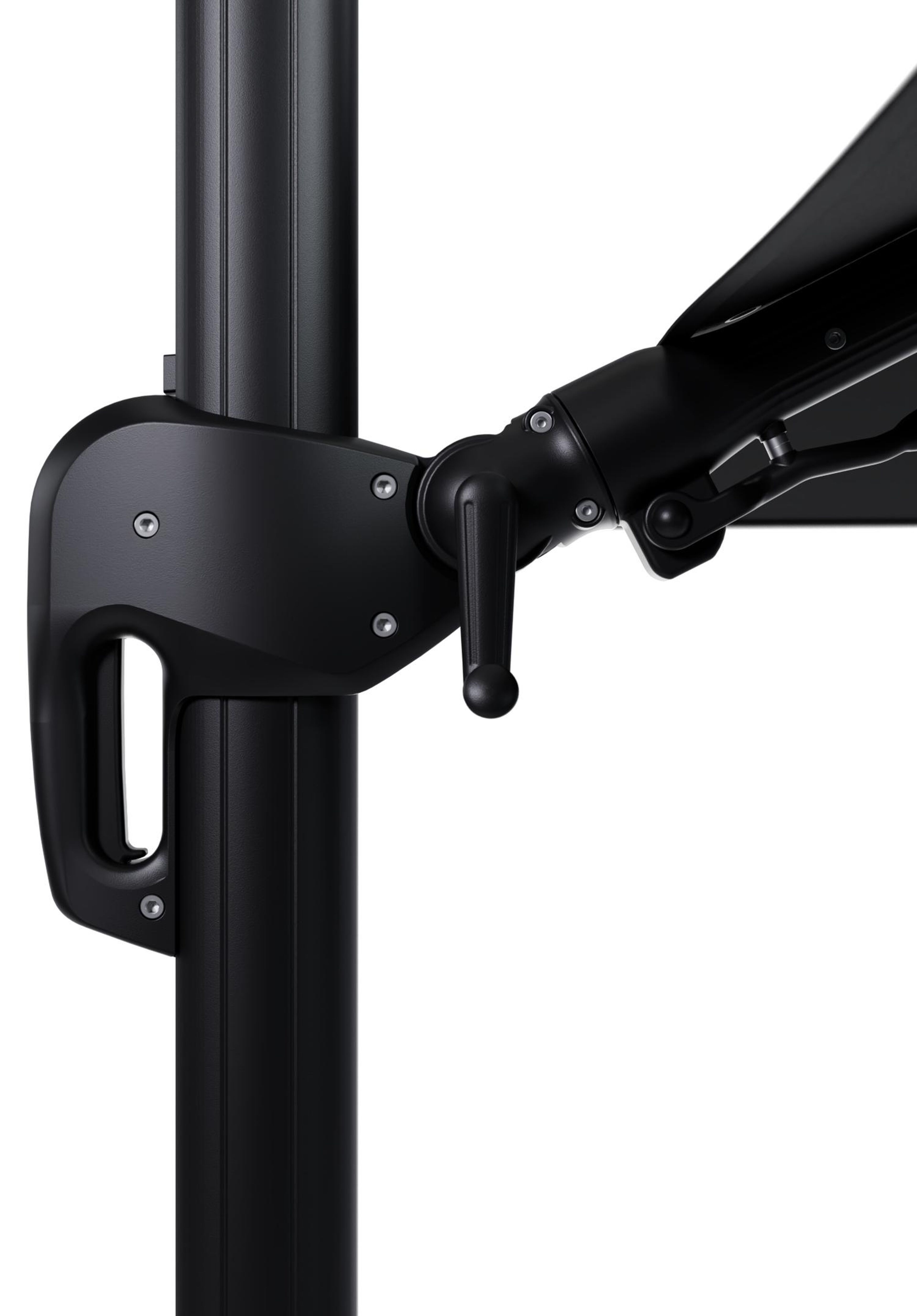 Rufina zweefparasol met tiltfunctie in zwart aluminium en zwart All Weather Sunbrella® Premium parasoldoek - L1 350 x L2 250 cm met parasolvoet Minore 150 kg met wielen