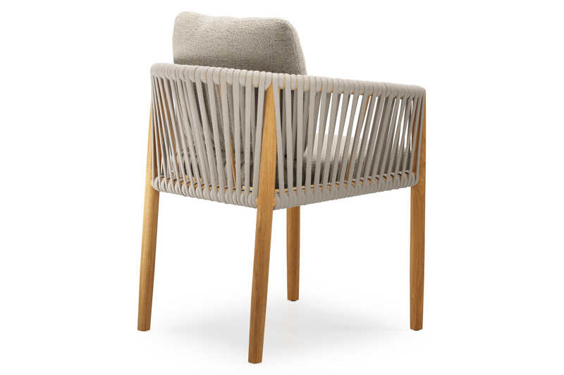 Organo tuinstoel in beige teak en beige verticaal geweven luxe vlakke rope met kussen in All Weather Cosytica Marbella Beige