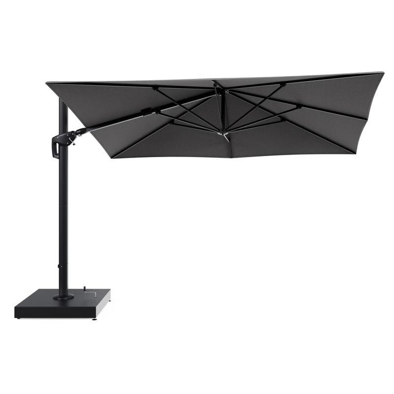 Minore zweefparasol met tiltfunctie in zwart aluminium en Chartres Drizzle All Weather Sunbrella® Luxe parasoldoek - L1 280 x L2: 370 cm met parasolvoet Minore 260 kg met wielen