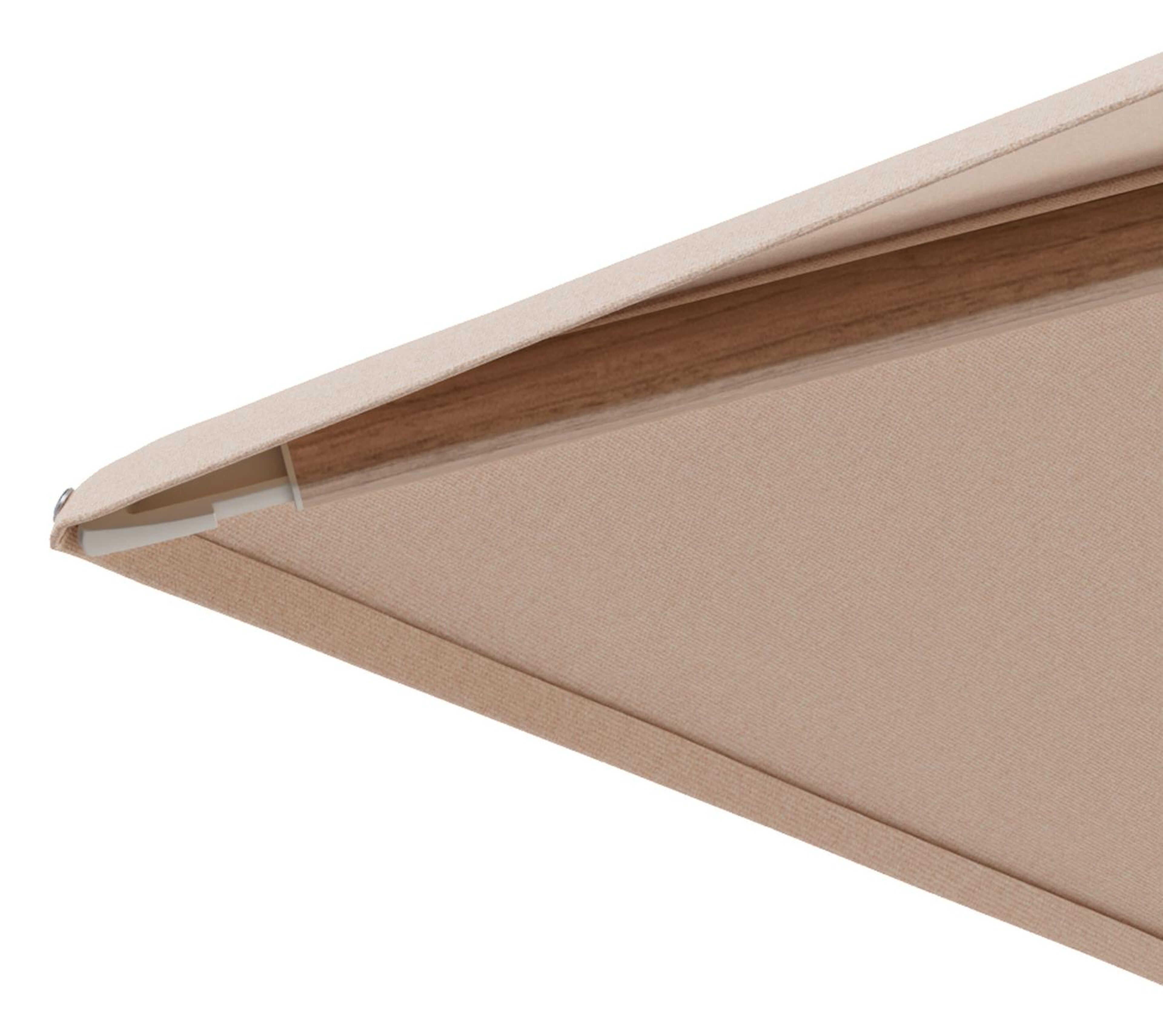 Minore zweefparasol met tiltfunctie in houtlook aluminium en Natte Linen Chalk All Weather Sunbrella® Luxe parasoldoek - L1 280 x L2 370 cm met parasolvoet Minore 260 kg met wielen