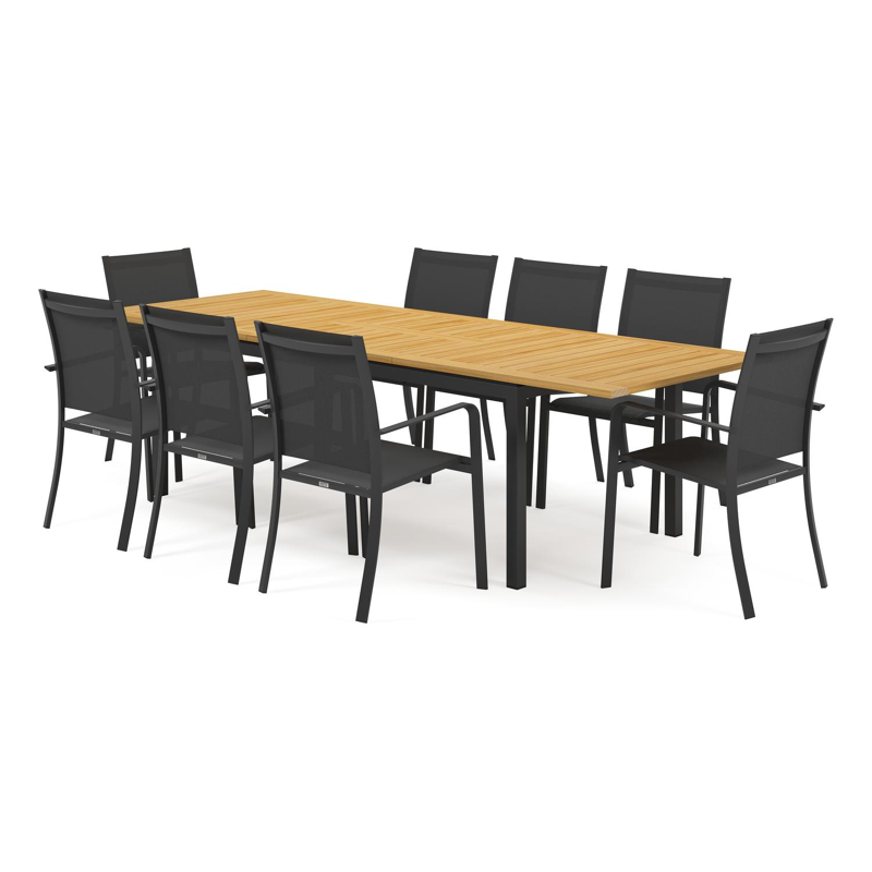 Amalfi tuinset met verlengbare tafel in zwart aluminium en teak tafelblad met 8 stapelbare Calobra tuinstoelen