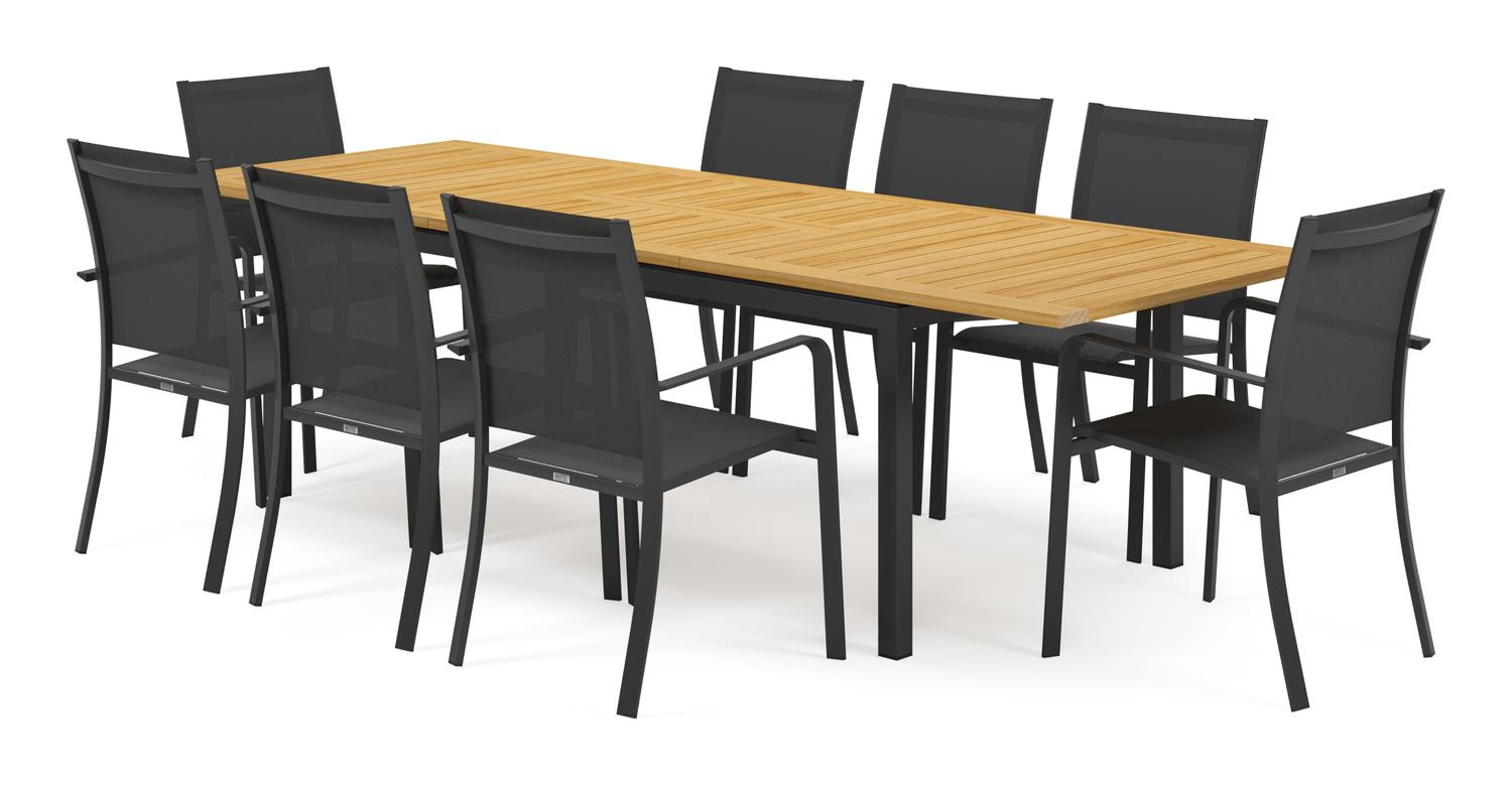 Amalfi tuinset met verlengbare tafel in zwart aluminium en teak tafelblad met 8 stapelbare Calobra tuinstoelen