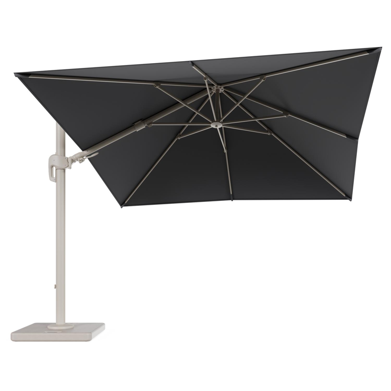 Rufina zweefparasol tiltfunctie in beige aluminium en parasoldoek in All Weather Sunbrella® Luxe Natte Charcoal Chine - L1 300 x L2 300 cm met parasolvoet Lapido 120 kg