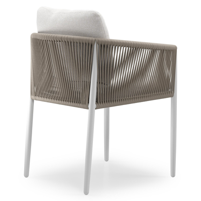 Organo tuinstoel in beige aluminium en beige verticaal geweven luxe vlakke rope met stoelkussen in All Weather Solica Soul Optik