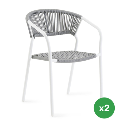 Set van 2 Vigo stapelbare tuinstoelen in wit aluminium en verticaal geweven rope