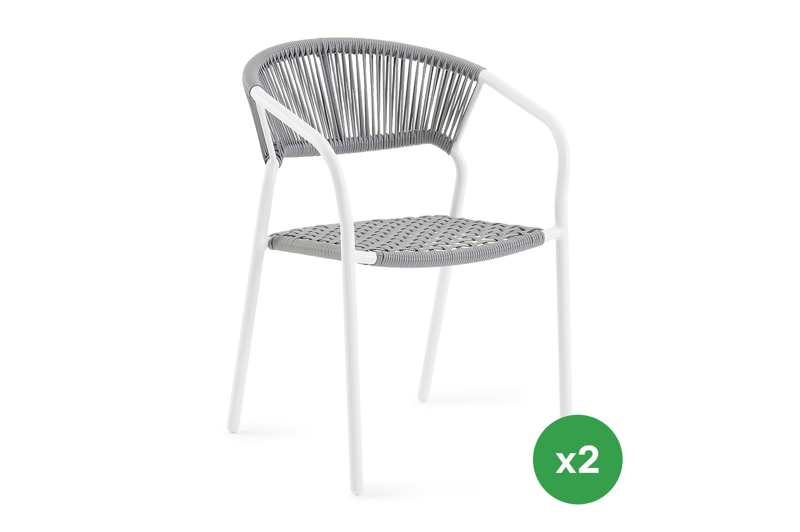 Set van 2 Vigo stapelbare tuinstoelen in wit aluminium en verticaal geweven rope