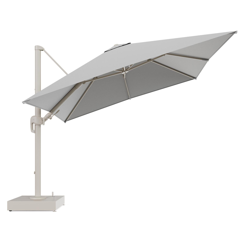 Rufina zweefparasol met tiltfunctie in beige aluminium en Savane Nimbus All Weather Sunbrella® Luxe parasoldoek - L1 300 x L2 300 cm met parasolvoet Minore 150 kg met wielen