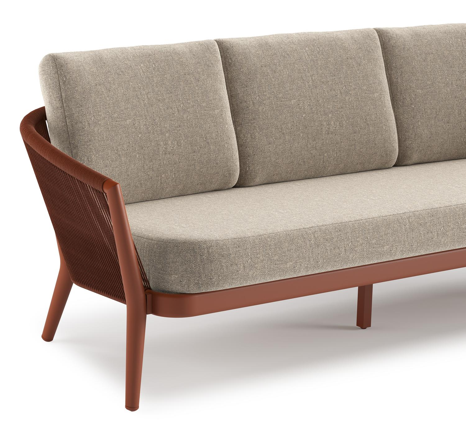 Orso loungebank in roestbruin aluminium en roestbruin verticaal geweven ronde rope met Chartres Pewter all weather sunbrella® luxe kussen