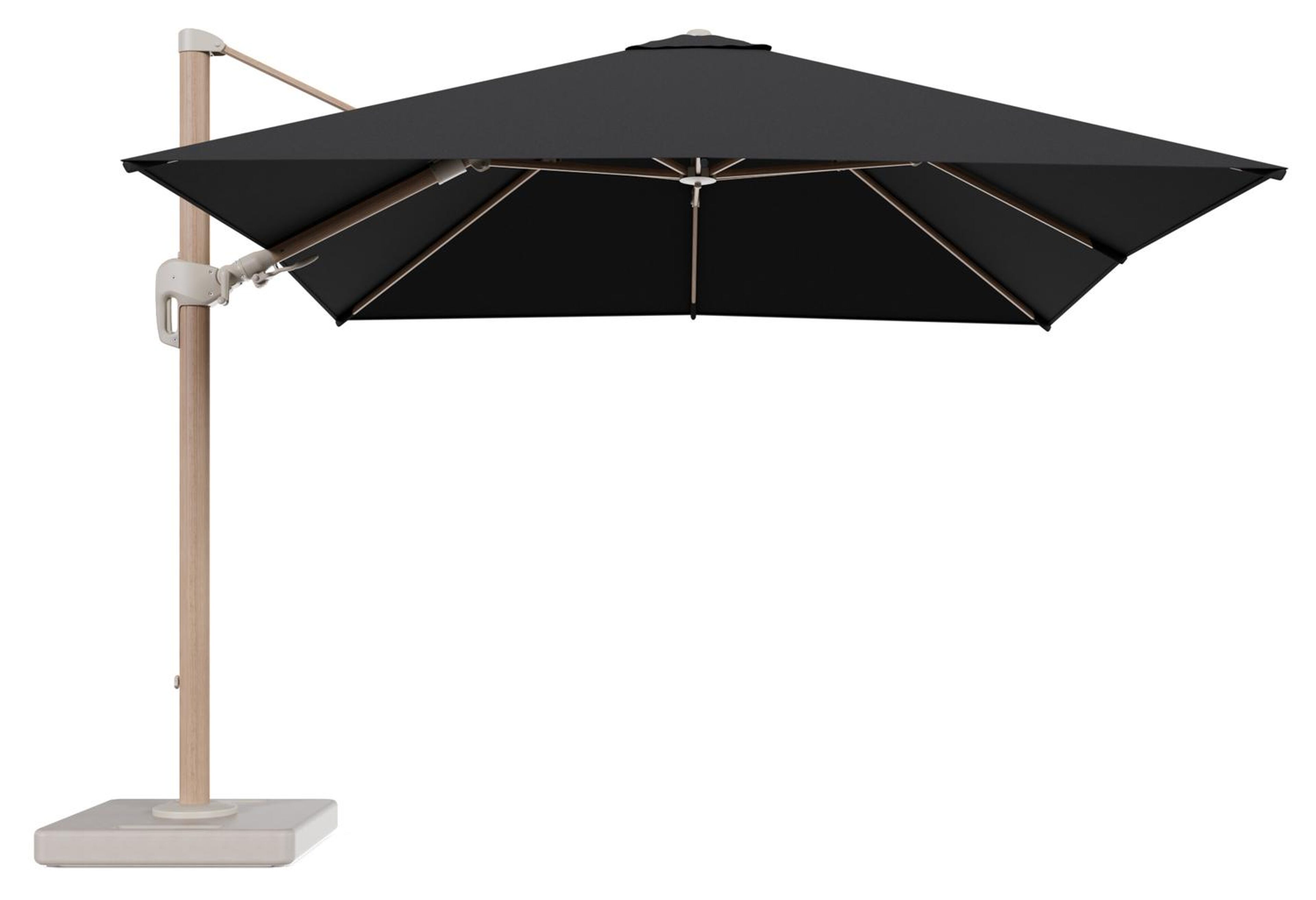 Rufina zweefparasol tiltfunctie in houtlook aluminium en parasoldoek in All Weather Sunbrella® Luxe Natte Sooty - L1 300 x L2 300 cm met parasolvoet Lapido 160 kg