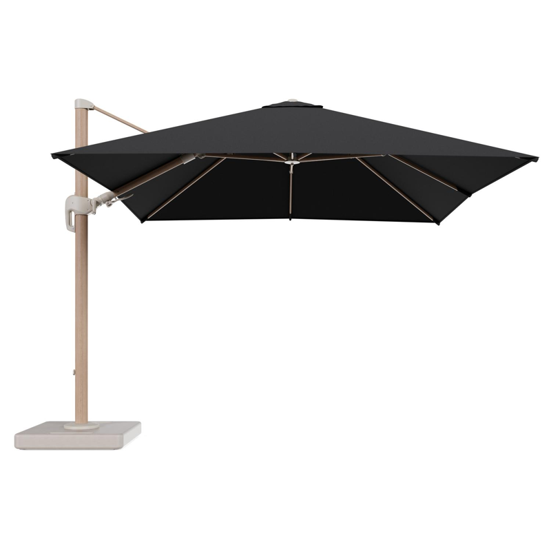 Rufina zweefparasol tiltfunctie in houtlook aluminium en parasoldoek in All Weather Sunbrella® Luxe Natte Sooty - L1 300 x L2 300 cm met parasolvoet Lapido 160 kg