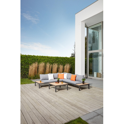 Toma loungehoek in zwart aluminium en polywood met grijs polyester kussen en loungetafel