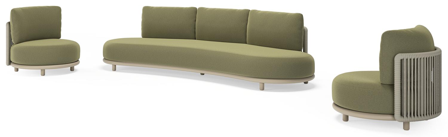 Lomano loungeset in beige aluminium en beige verticaal geweven luxe vlakke rope met Heritage Leaf all weather sunbrellaÂ® luxe