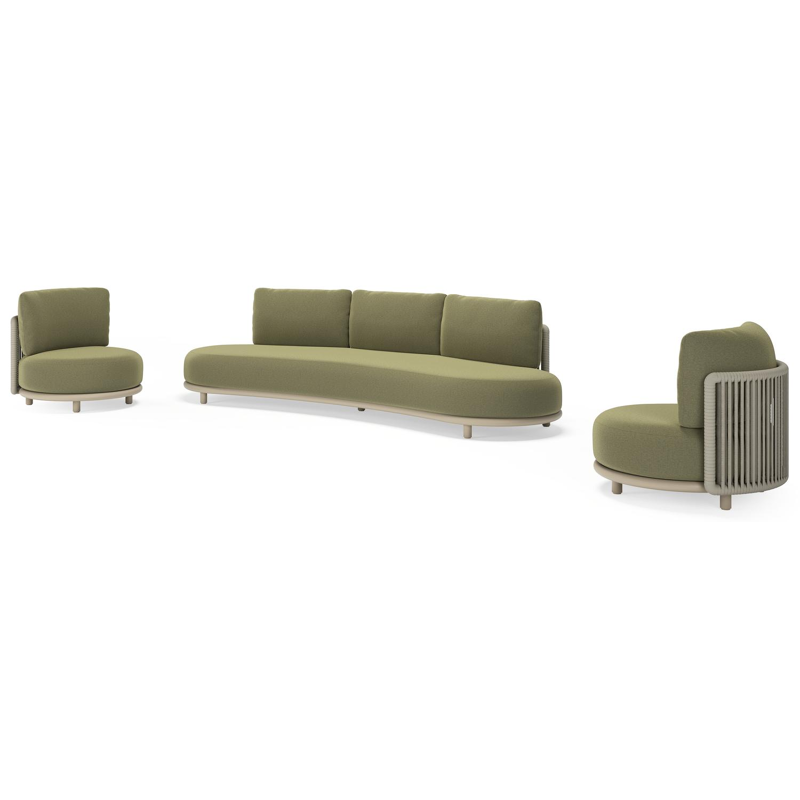 Lomano loungeset in beige aluminium en beige verticaal geweven luxe vlakke rope met Heritage Leaf all weather sunbrella® luxe