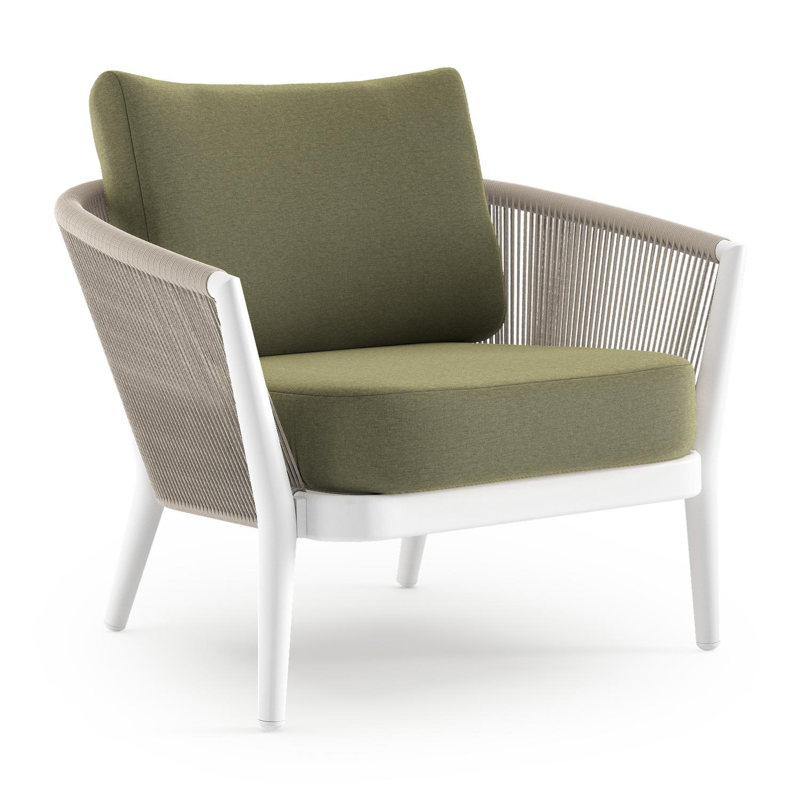 Fauteuil de jardin Orso en aluminium blanc en corde ronde tissée verticalement beige et coussins en all weather sunbrella® luxe Heritage Leaf