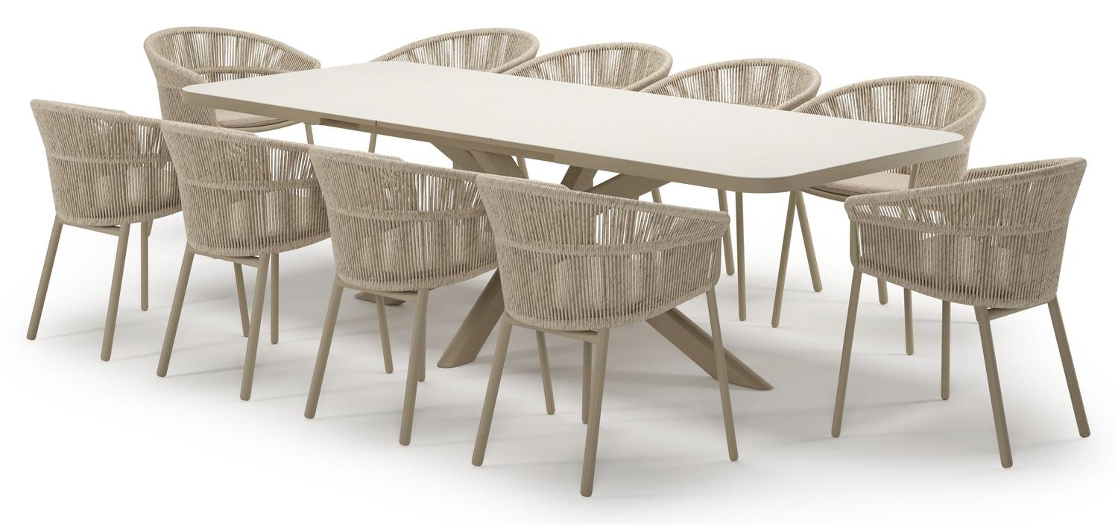 Estella verlengbare tuinset rechthoekig in beige aluminium en sintered stone Crema minerale met 10 Matera tuinstoelen