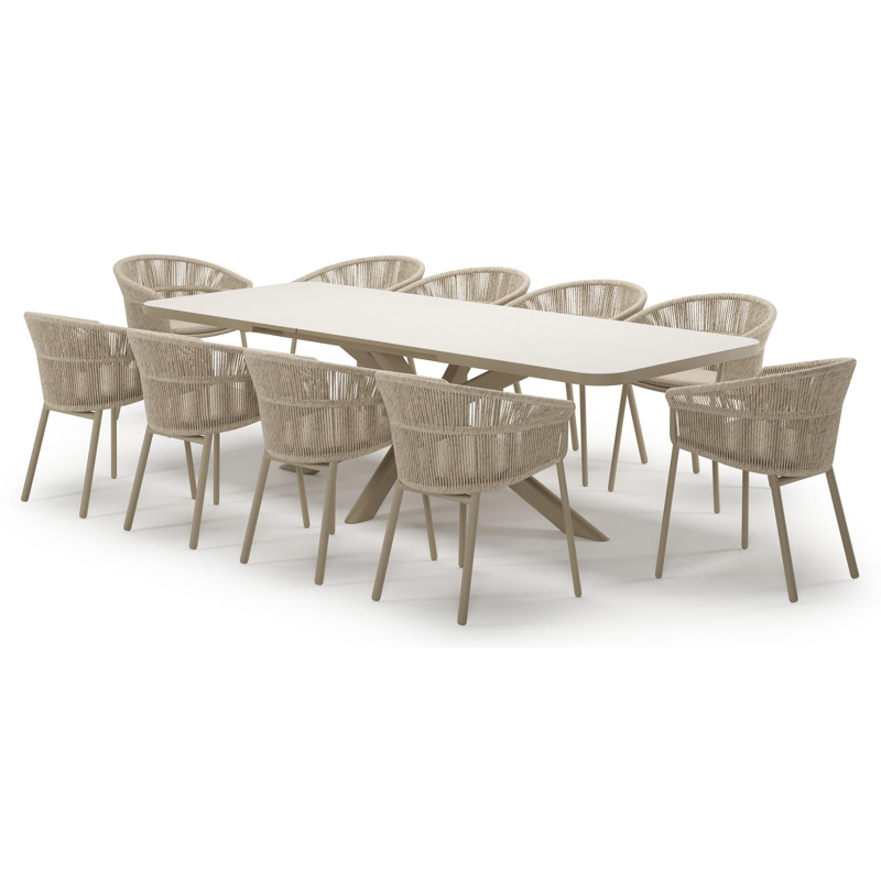 Estella verlengbare tuinset rechthoekig in beige aluminium en sintered stone Crema minerale met 10 Matera tuinstoelen