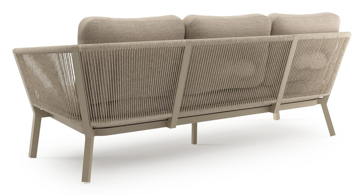 Salon de jardin Cordoba en aluminium beige et corde ronde tissée verticalement beige et coussins en weather+ softtouch rustic