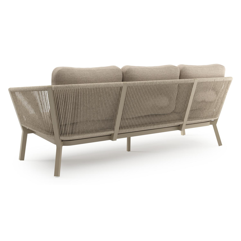 Salon de jardin Cordoba en aluminium beige et corde ronde tissée verticalement beige et coussins en weather+ softtouch rustic